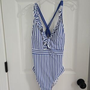 Like New Medium Cupshe White And Blue Swimsuit Nautical, Ruffled
